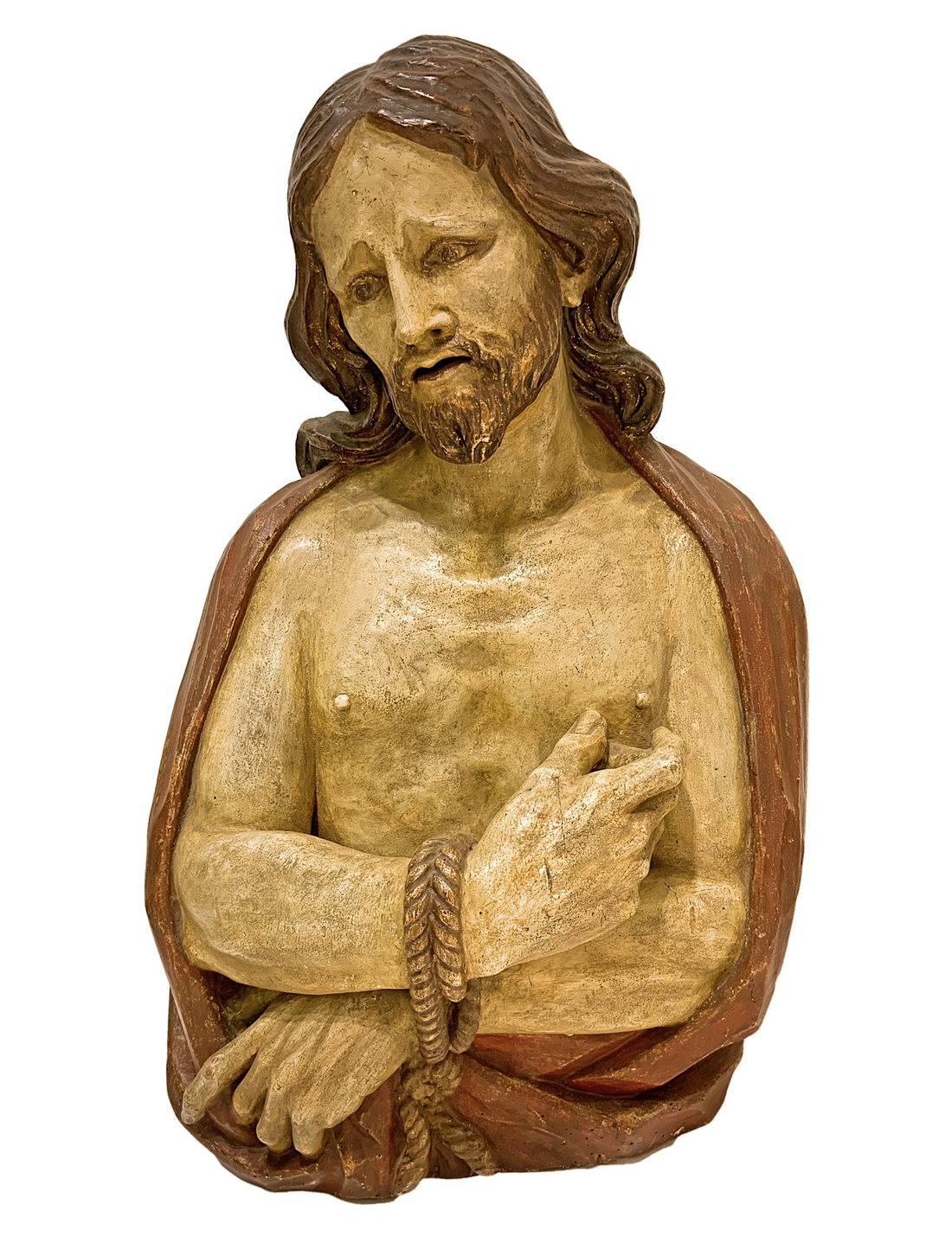 Ecce Homo, polychrome wooden sculpture of a bust, XV / XVI century. H 72 cm H 71 cm, 40,25 cm base.