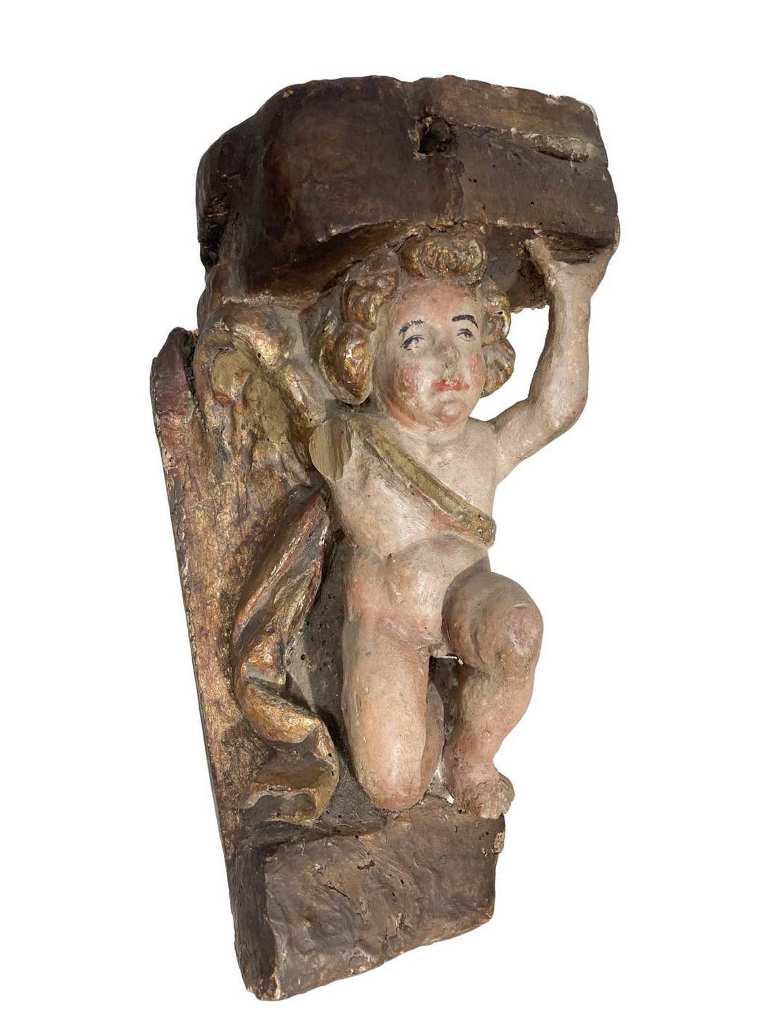 Fragment wooden polychrome and gilt depicting Baroque cherub, production Sicily, seventeenth century