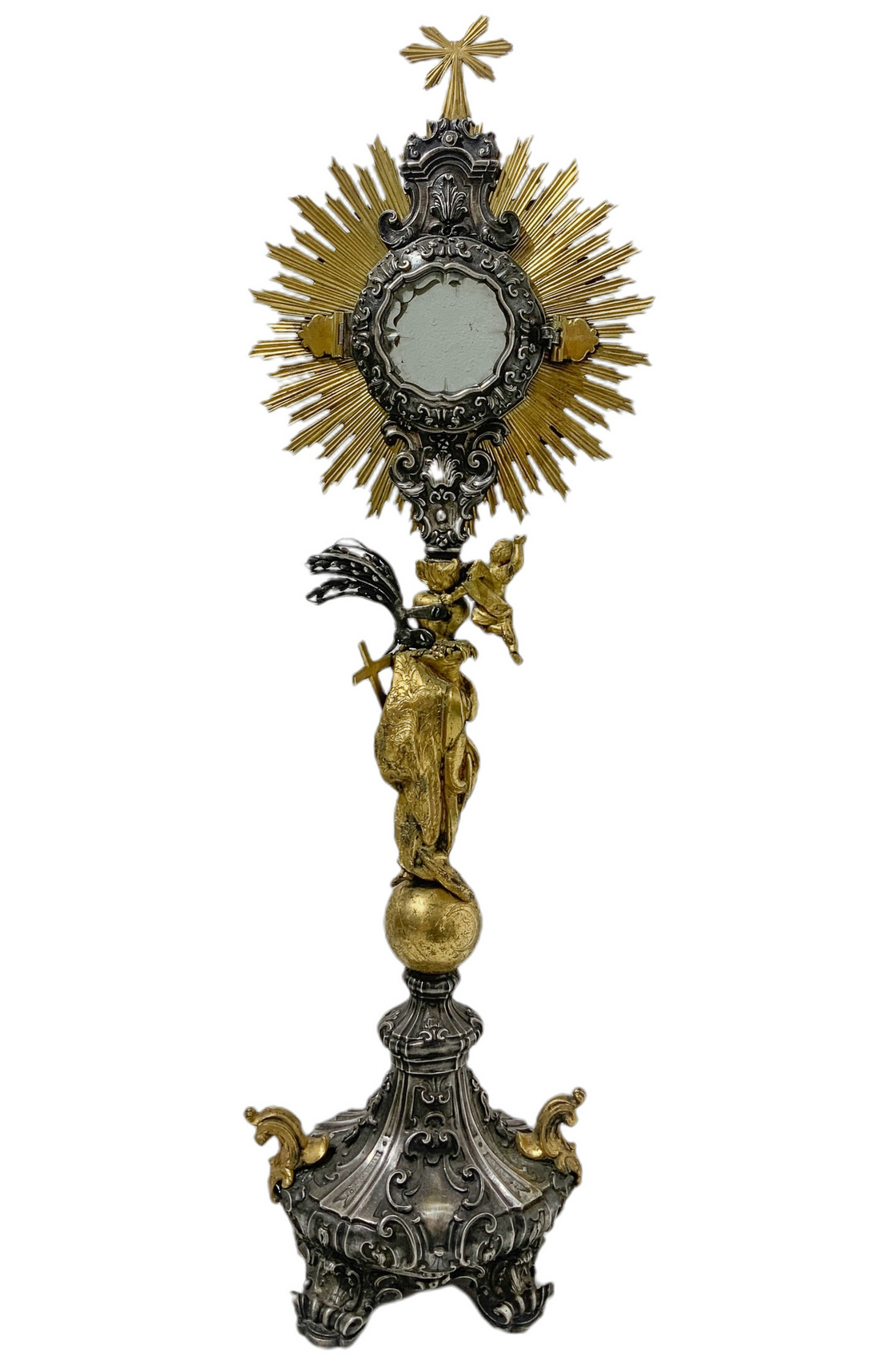 Monstrance in silver and silver gilt, height 70 cm, 2,352 kg Elegant and refined Baroque piece made - Image 8 of 9