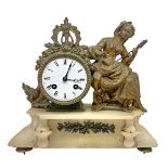 Table clock in bronze with a young girl, based in alabaster and white porcelain dial, nineteenth cen