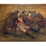 Oil paintinging on canvas depicting rescue wounded soldiers, nineteenth century. 23,5x28,5 cm. Witho