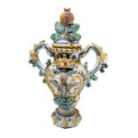 Ewer two-handled earthenware Caltagirone, twentieth century, with outlet pomegranate. Base in white,