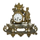 Table clock in bronze with a young guy, based in alabaster and white porcelain dial, nineteenth cent