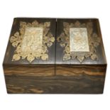 Wood box for documents violet ebony with mother of pearl elements applied with scenes in bas-relief