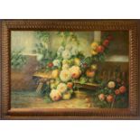 Oil paintinging on canvas depicting still life of flowers. Early twentieth century. 60x90 cm, in fra