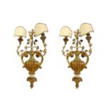 Couple sconces shaped wooden vessels and lacquered and gilded metal, with two lights, early twentiet