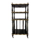 Small table etagere lacquered black ebonized wood with four shelves and scalloped edged in gilt bras