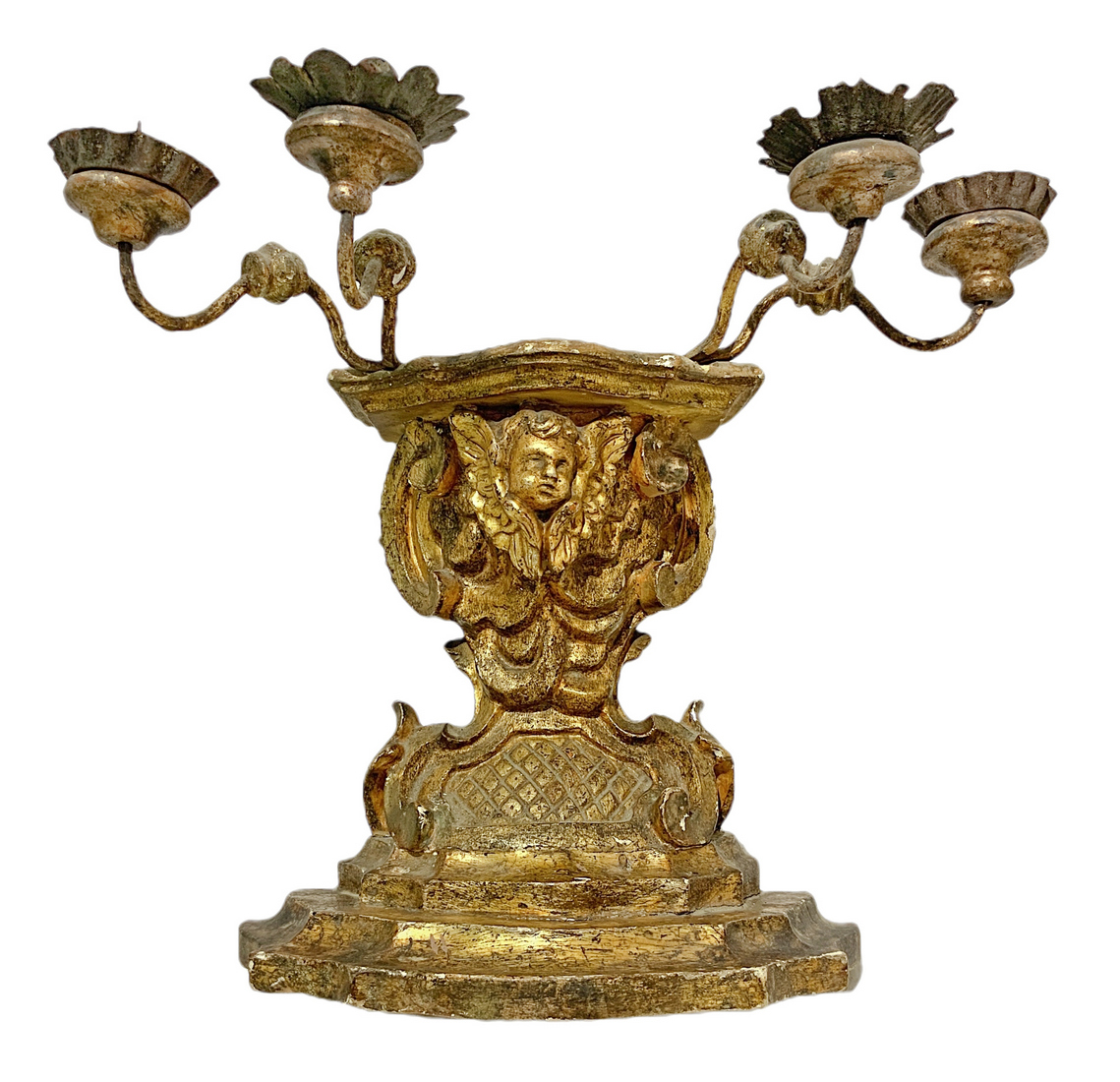 Shelved candle holders, four lights in gilded wood leafy, Sicily, eighteenth century. With arms and