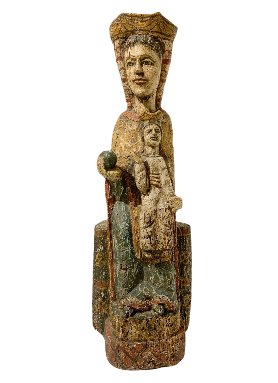 Wooden statue depicting Virgin Mary Enthroned with child. H 58 cm Base 18 cm