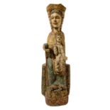 Wooden statue depicting Virgin Mary Enthroned with child. H 58 cm Base 18 cm