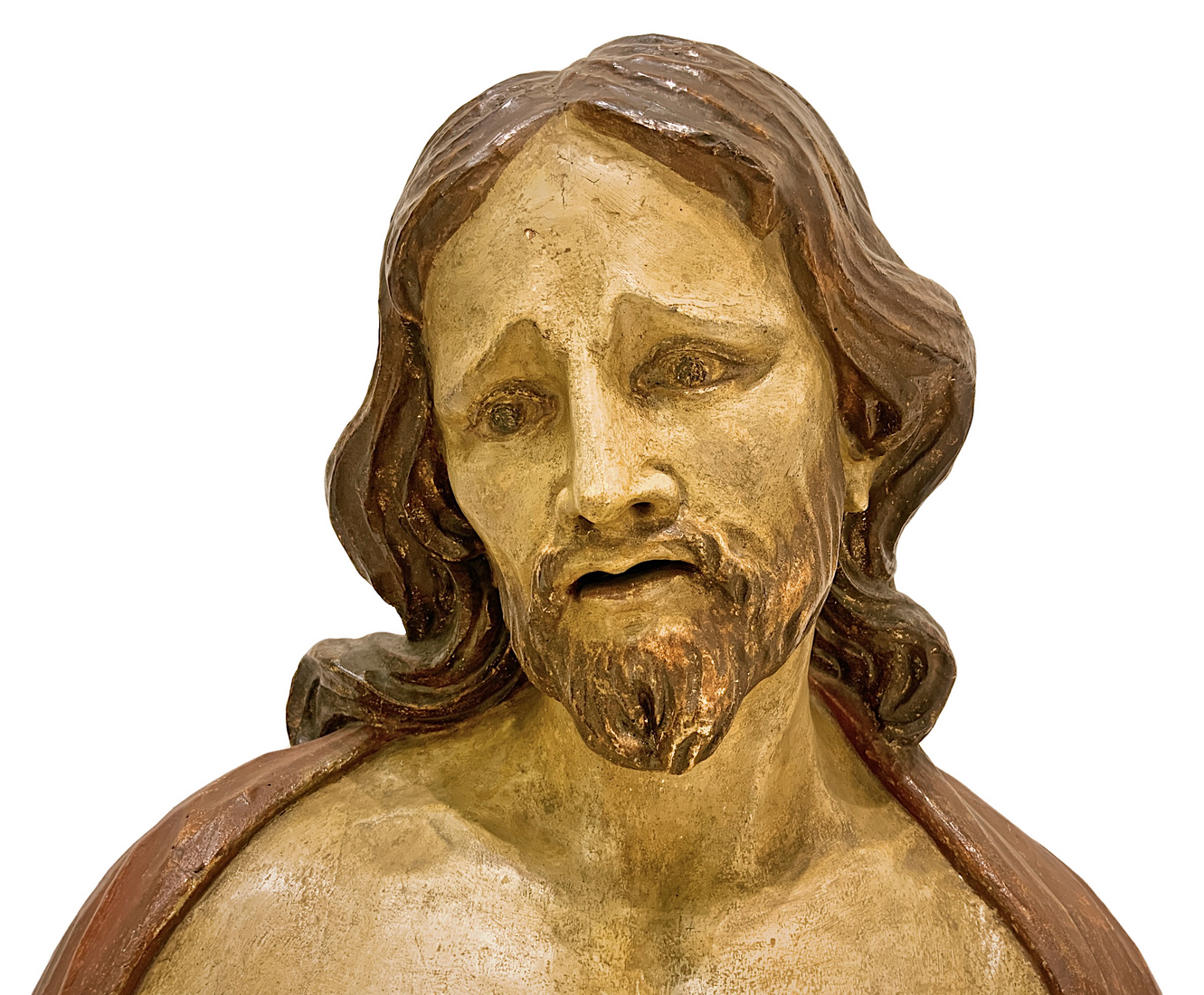 Ecce Homo, polychrome wooden sculpture of a bust, XV / XVI century. H 72 cm H 71 cm, 40,25 cm base. - Image 3 of 7