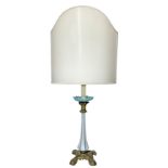 Lamp glass opal white and blue, based in gilded bronze with fan. Early twentieth century. H 100 cm w