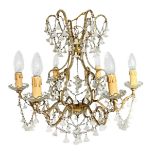 Chandelier 6 lights with pendalogues metal and glass plates, early twentieth century. H 50 cm, diame