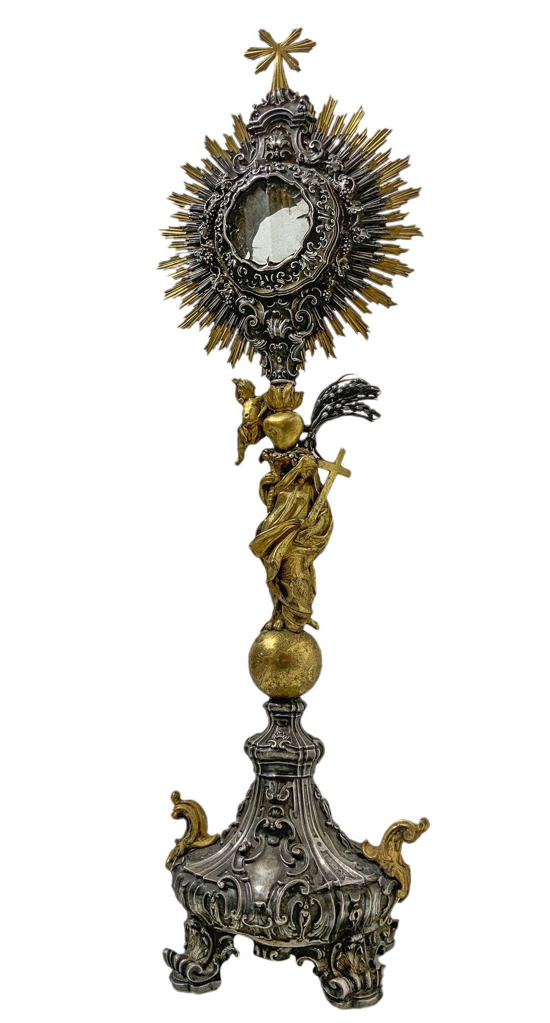 Monstrance in silver and silver gilt, height 70 cm, 2,352 kg Elegant and refined Baroque piece made - Image 2 of 9