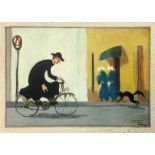 Oil paintinging on canvas depicting priest Cycling, signed Luciano Gaiozzi (1934-1996). Cm 35x50. In