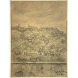 Charcoal drawing on cardboard depicting town homes, signed on the lower right corner and dated 1969.