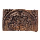 Fragment of walnut wood carved frieze depicting Santa Barbara with putti and satyrs, XVII / XVIII ce