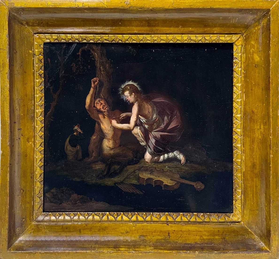 Oil paintinging on slate depicting Apollo schooI Marsyas, seventeenth century. Cm 29x32. In frame 40