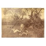 Wilhelm von Gloeden (1856-1931), collodion photos depicting three young men in the garden with olive