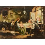 Oil paintinging on canvas depicting an interior scene with family, signed on the lower right corner