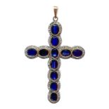 Gold Cross 9 K and silver with blue sapphires and diamonds rose cut. Gr 15.5