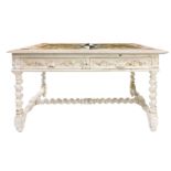 Writing table shabby chic painted white with marble, two drawers at the base, standing torchon of ni