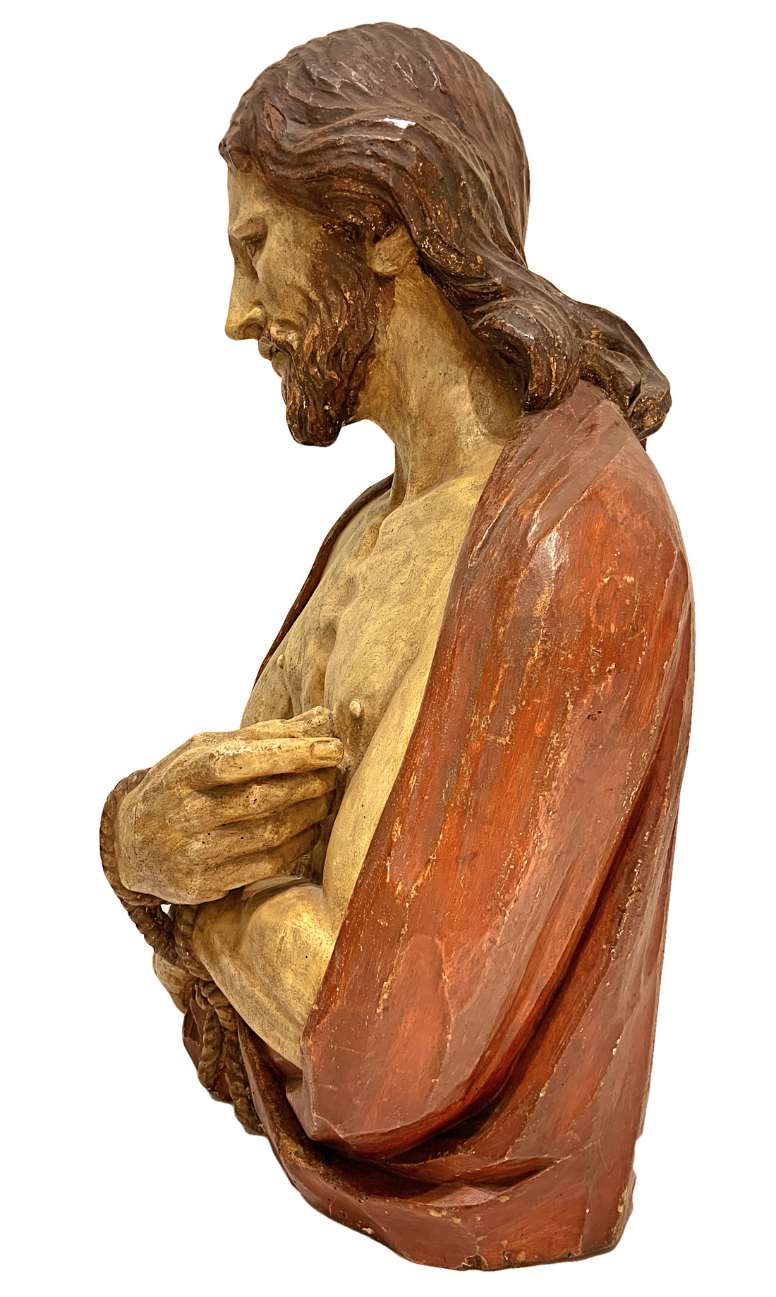 Ecce Homo, polychrome wooden sculpture of a bust, XV / XVI century. H 72 cm H 71 cm, 40,25 cm base. - Image 6 of 7