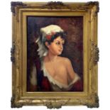 Oil paintinging on canvas depicting portrait of young girl. Italian painter of the twentieth century