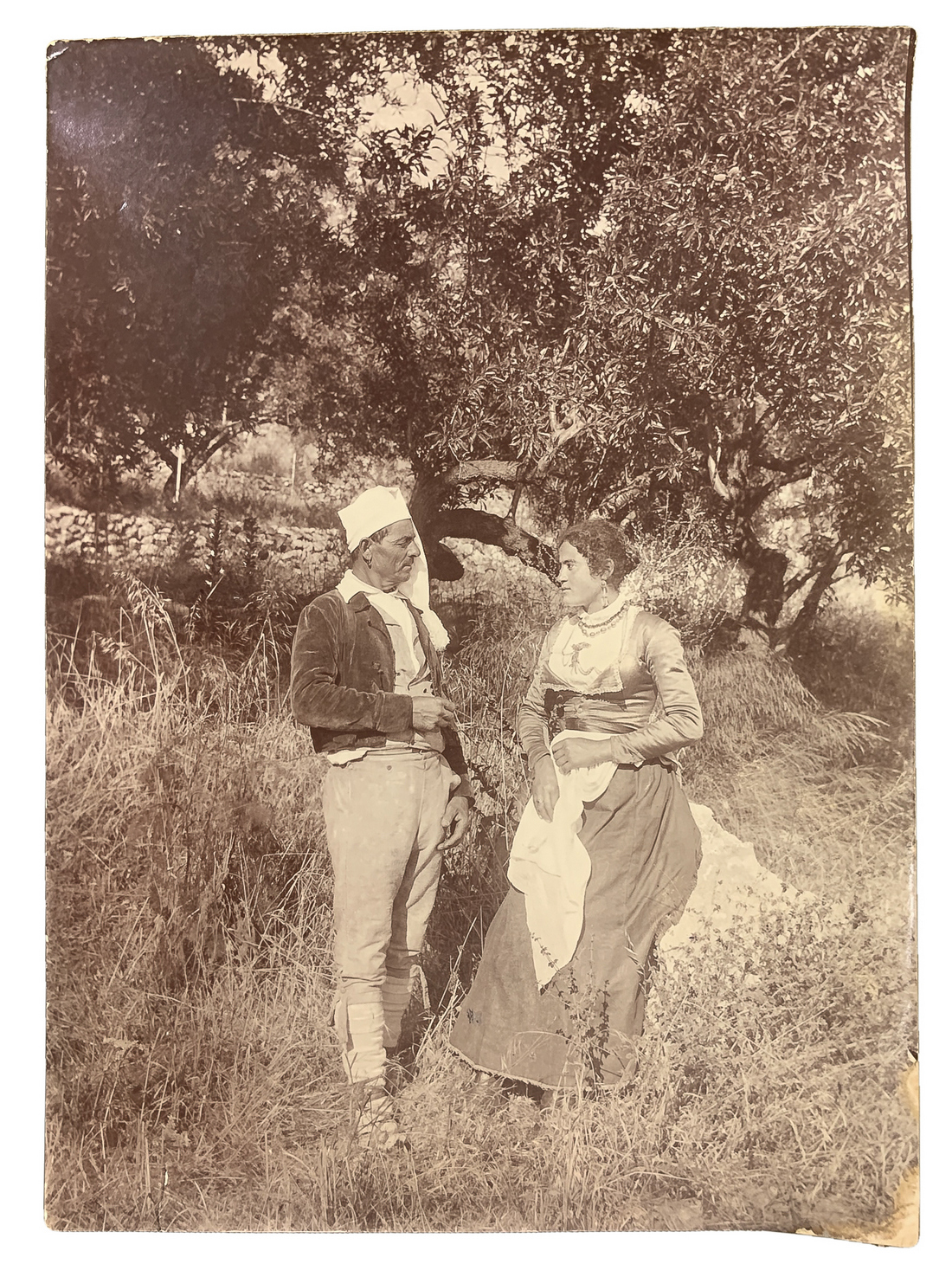 Wilhelm von Gloeden (1856-1931), albumin photos depicting pair of characters in an olive grove in Ta