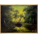 Oil paintinging on canvas depicting the river with trees and boat, nineteenth century. Cm 31 x41