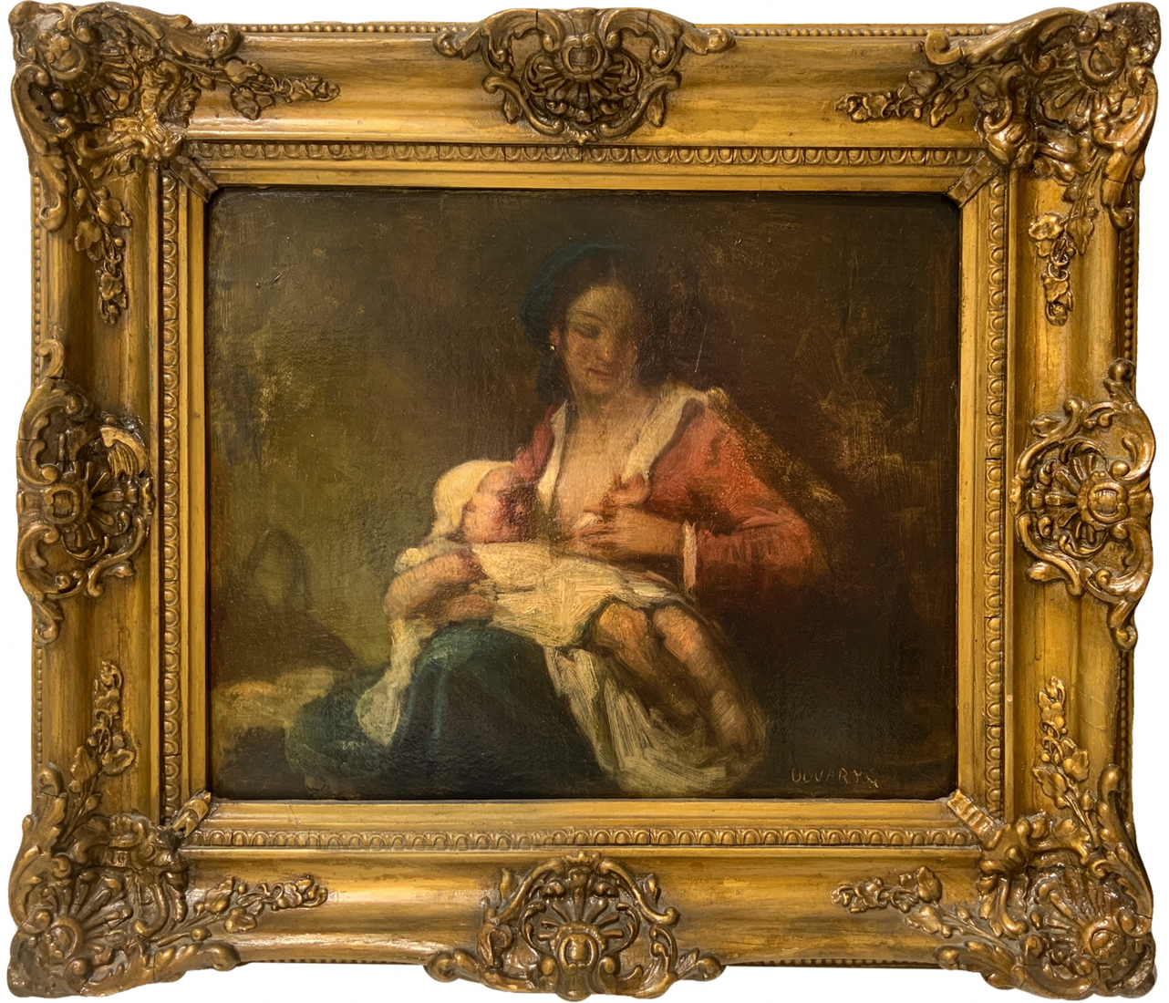 Udvary, oil on pressed cardboard depicting motherhood. Cm 35x44, framed 53x62