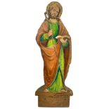 Apostle figurine St. James, tempera on cardboard applied to wood, XIX century. H 69 cm