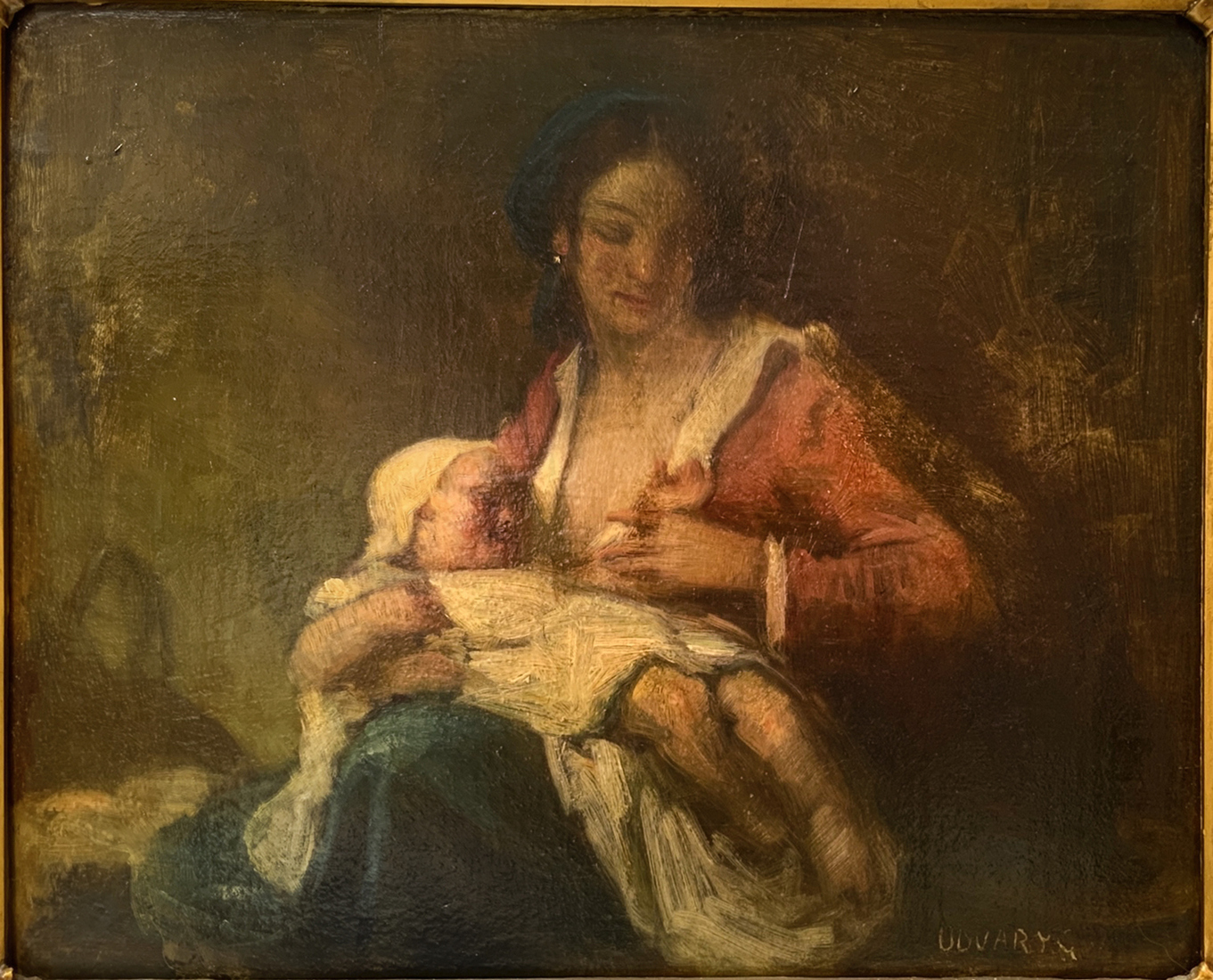 Udvary, oil on pressed cardboard depicting motherhood. Cm 35x44, framed 53x62 - Image 2 of 4