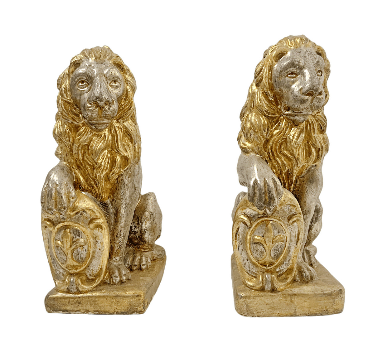 Pair of lions Marzocco of Florence in gold and silver wood, early twentieth century. H 40 cm, base 2