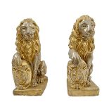 Pair of lions Marzocco of Florence in gold and silver wood, early twentieth century. H 40 cm, base 2