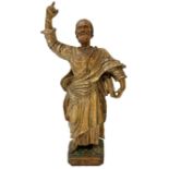 Seventeenth century sculpture. Wooden statue figure of Evangelista. Gilding mecca. H 49 cm.