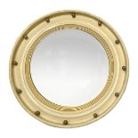 Wooden Mirror circular form in lacquer ivory tones. golden details and convex mirror, in the style o