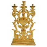 Candlestick with three golden wood lights, late eighteenth century. H 78 cm, 43x15 cm base.