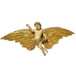 Sculpture with polychrome angel in lacquered wood and gold leaf, eighteenth century. Cm 32x74