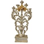 Candle Holder in gilded silver with five candles, vase shaped with leaves and flowers. XVIII century