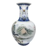 Chinese two-handled vase, white background, decoratoro in shades of blue, representing mountain land