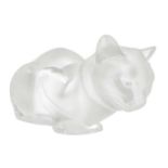 Lalique, clear glass sculpture of cat, acid-etched surface 80s. Signature engraved. 11.x cm H 21 cm