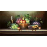 Oil paintinging on canvas depicting still life with wicker basket. 59x119 cm, in frame cm 85x145