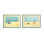 Pair of lithographs depicting 1) bicycle and clothes on the beach (24/125) with deck chairs and umbr