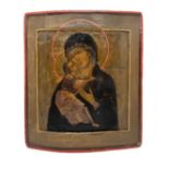 Russian icon, tempera painting depiting Our Lady of Vladimir, called Our Lady of tenderness, ninetee