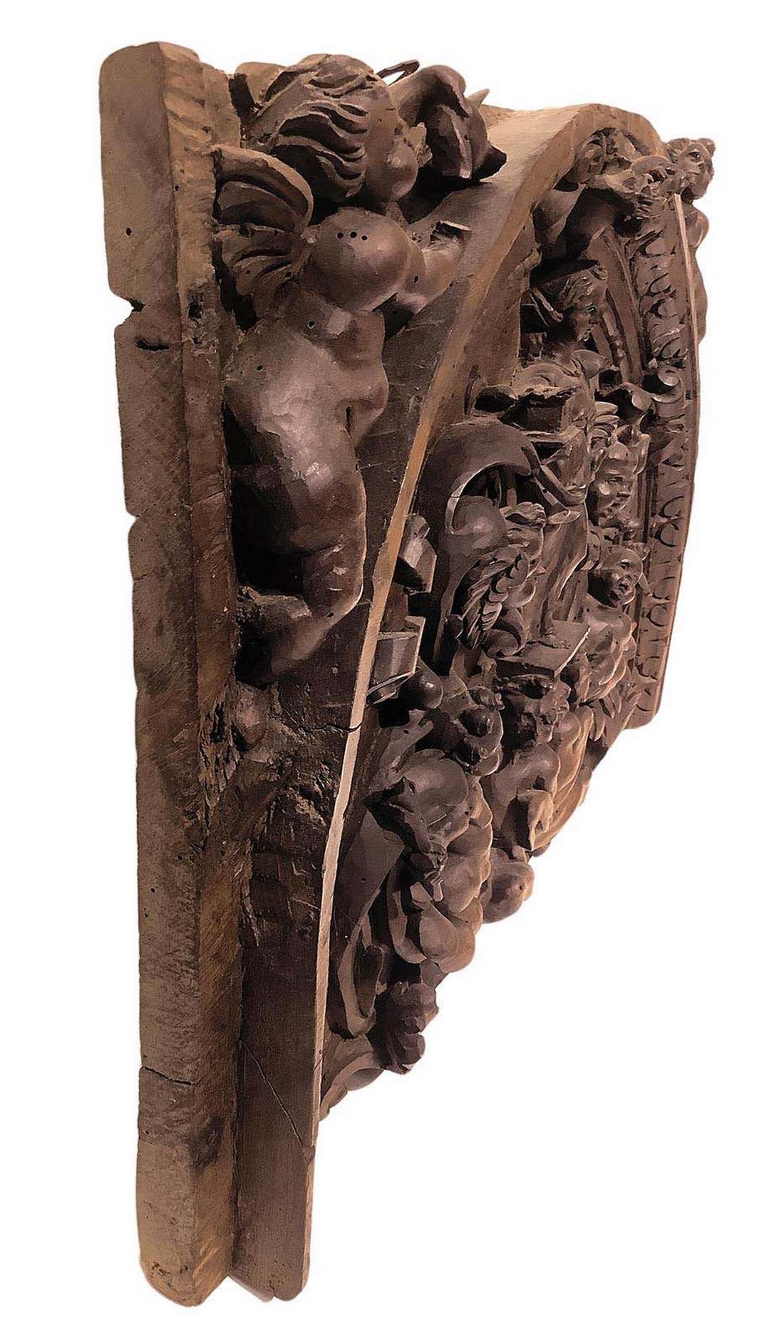 Fragment of walnut wood carved frieze depicting Santa Barbara with putti and satyrs, XVII / XVIII ce - Image 2 of 4