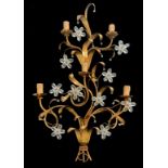Applique five lights in gilded metal and ground crystals with wooden candles, 50s. H 90 cm, width 55