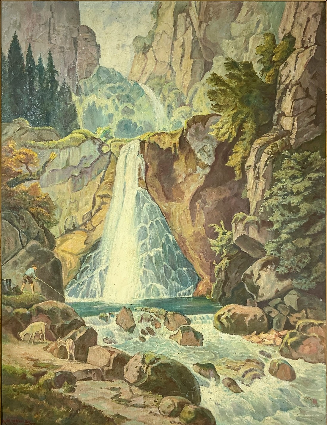 Oil paintinging on canvas depicting the river with waterfall, signed on the lower left corner R. Mag