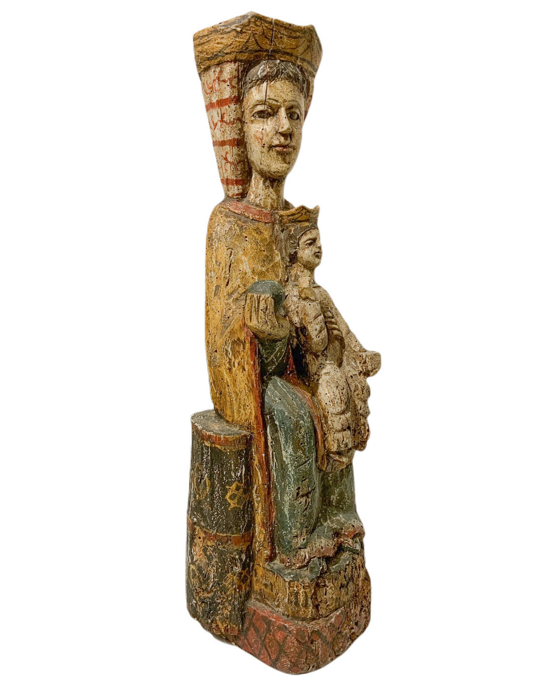 Wooden statue depicting Virgin Mary Enthroned with child. H 58 cm Base 18 cm - Image 3 of 8