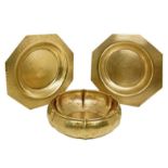 Group of three bowls Golden brass trays. Diameter 20 cm, 16 cm diameter